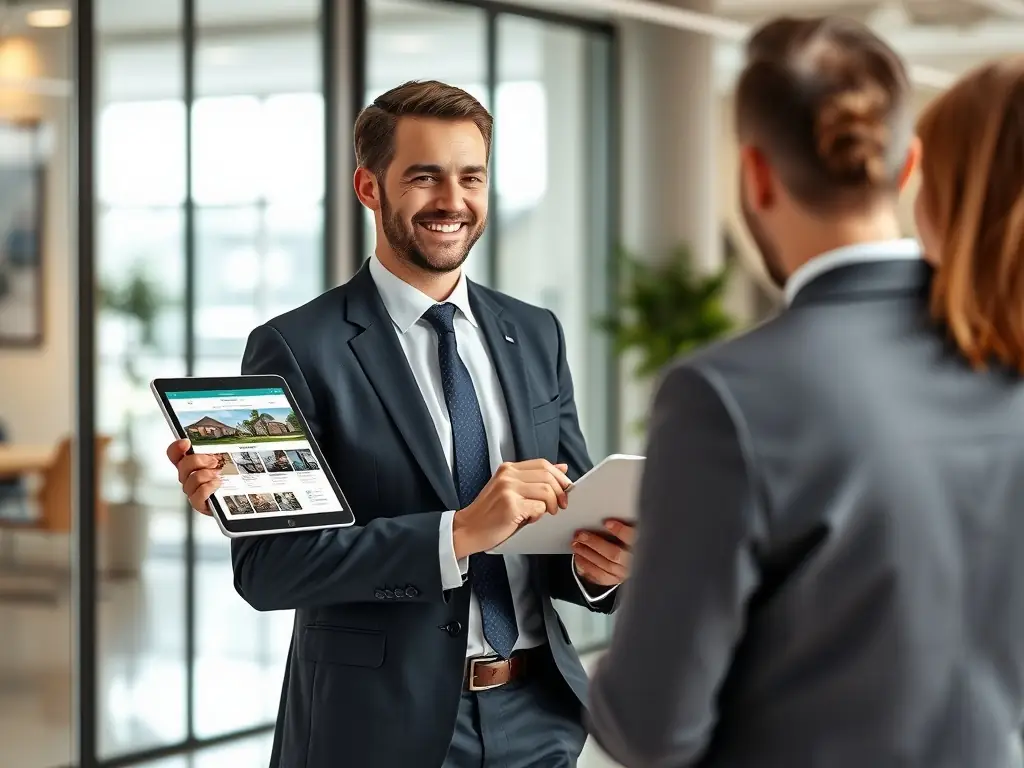 A realtor reviewing high-quality real estate photos on a tablet, with a happy expression, indicating satisfaction with the visual marketing materials.