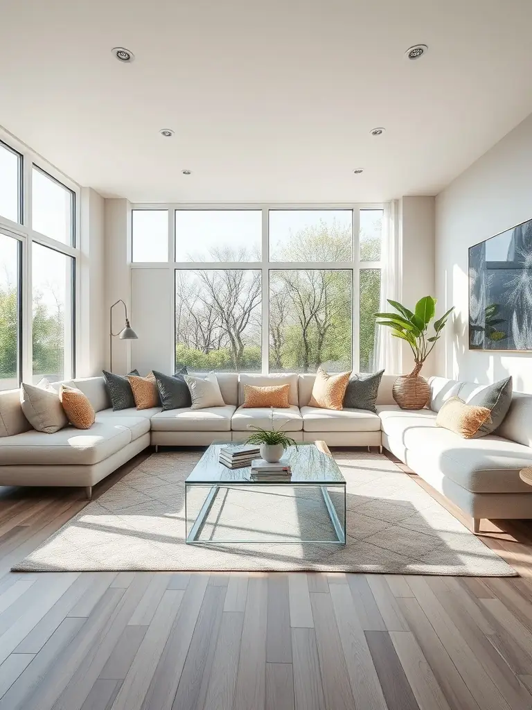 A bright, well-composed interior shot of a modern living room with natural lighting, showcasing the property's spaciousness and appeal, used to illustrate how professional photography can enhance a listing.