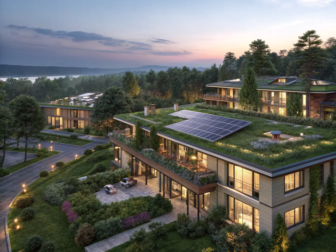 A newly constructed residential development with modern architecture, highlighting the quality and appeal of the properties. The image should convey innovation and luxury.