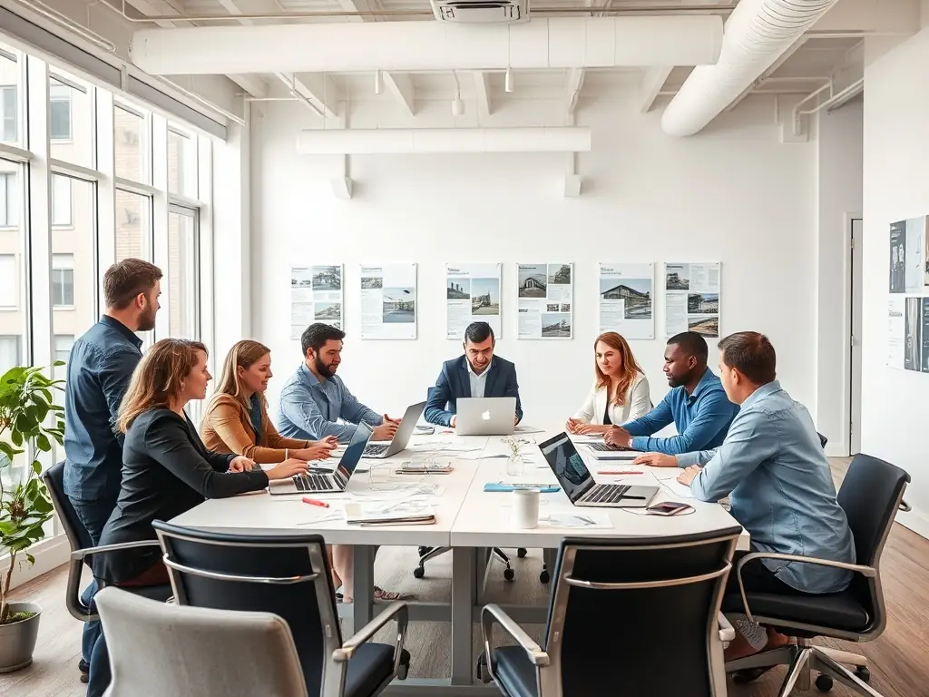 A modern real estate brokerage office with agents collaborating, showcasing a dynamic and professional environment. The image should convey trust and expertise.